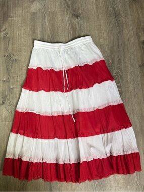 Striped Red and White Tiered Maxi Skirt with Drawstring Waist